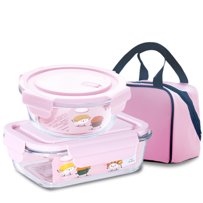 chinese food container pink glass lunch box set with bag